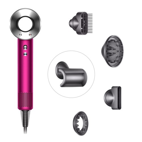 Фен Dyson Supersonic HD07 (фуксия/яркий никель) с 5 насадками, дорожным чехлом и подставкой